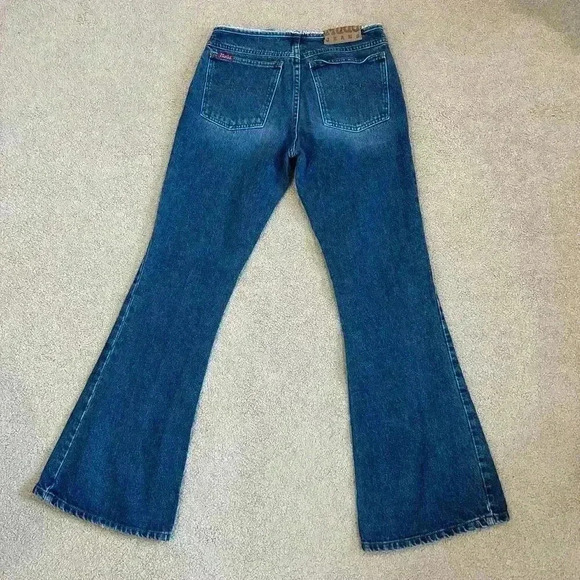 Mudd Blue Vintage Denim Frayed Waist Flared Jeans Mid Rise Cotton Size 7 Junior - Picture 4 of 6